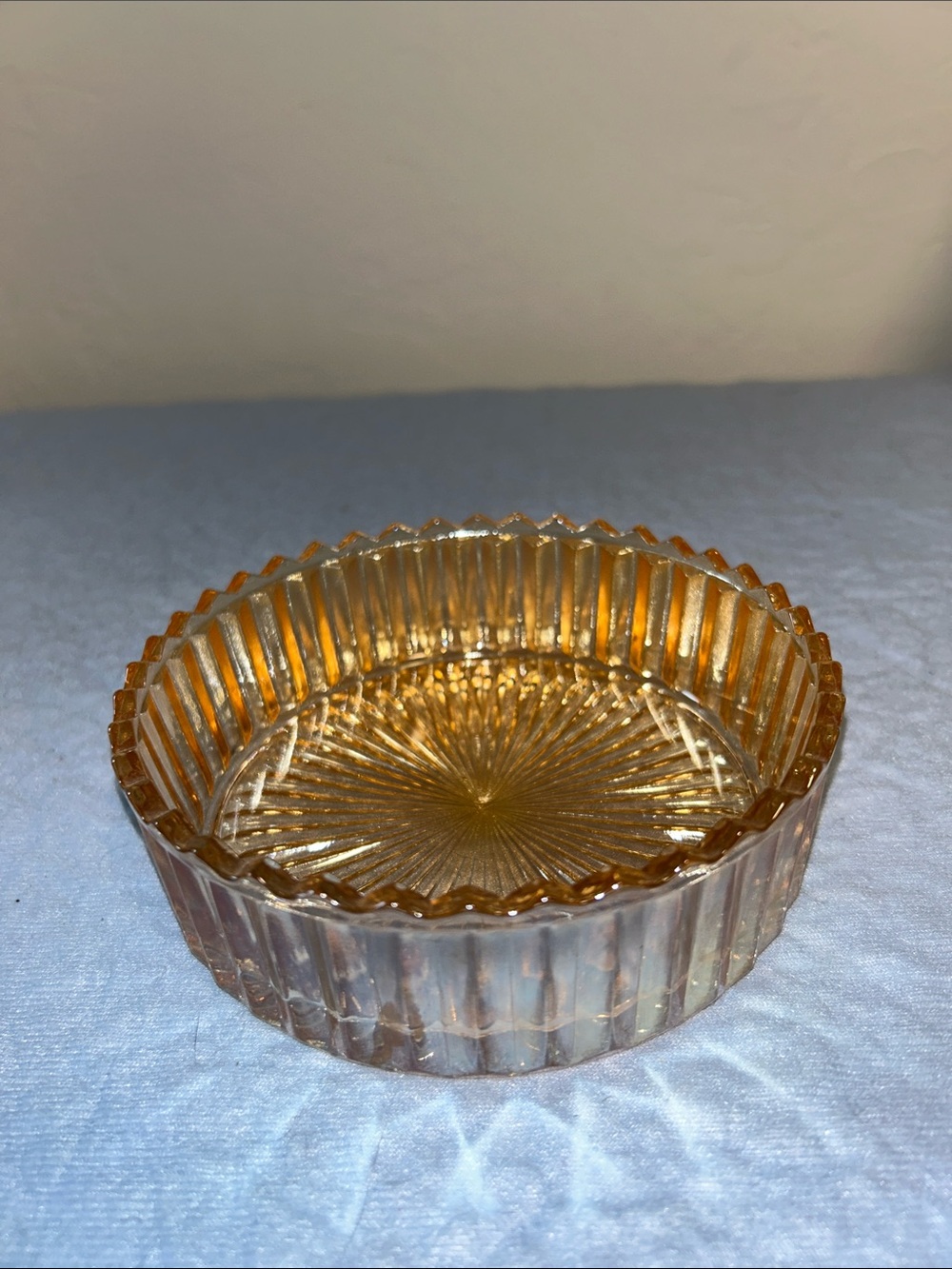 Jeannette Glass marigold iridescent carnival glass powder or candy jar with rose - Picture 11 of 15